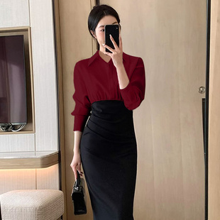 显瘦连衣裙D4054 女复古优雅气质撞色拼接假两件修身 2025秋季 新款