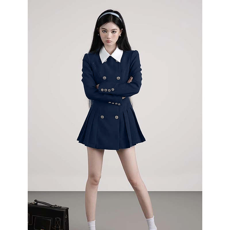 2026春季新款女法式西装连衣裙学院风JK制服设计感百褶短裙D3467