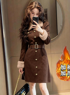 送腰带加绒加厚2025秋冬新款女小香风长袖收腰连衣裙中长款QJ0255