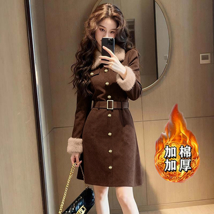 送腰带加绒加厚2025秋冬新款女小香风长袖收腰连衣裙中长款QJ0255