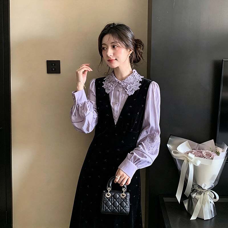 【爆款】法式千金风复古假两件连衣裙女春秋洋气礼服裙子K0086