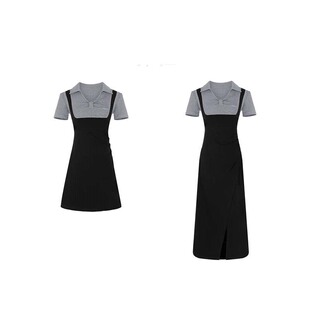 休闲时尚 女假两件拼接法式 收腰显瘦翻领连衣裙D5091 新款 2026夏季