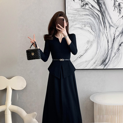 2026春季新款两件套女黑色长袖搭配轻奢高级感百搭裙子长裤D0299