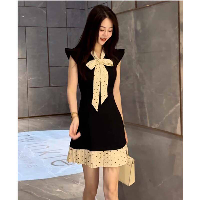 2026夏季新款高端女装复古拼接撞色蝴蝶结波点百褶连衣裙D2857