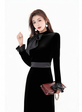 2025冬季新款宽松蝴蝶结裙子时尚收腰显瘦休闲打底连衣裙D4582