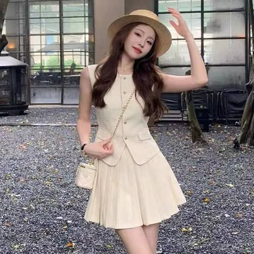 【两件套】有里裤法式高级感无袖马甲高腰百褶短裙两件套D0476