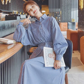 设计感修身 蓝色条纹衬衫 裙子6615 新款 法式 连衣裙女中长款 2026春季