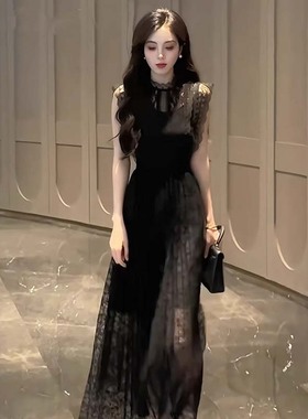 有里布蕾丝连衣裙女夏收腰气质高级感重要场合黑色小裙子D2862