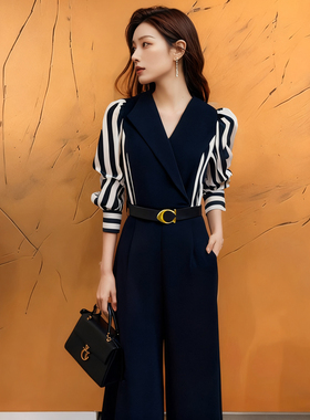 【送腰带】2025春秋新款气质通勤条纹拼接高腰系带连体裤女D0522