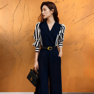 【送腰带】2026春季新款气质通勤条纹拼接高腰系带连体裤女D0522