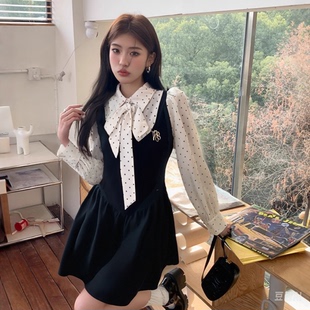 2026春miu系富家千金连衣裙小香风穿搭波点假两件收腰小黑裙D0489