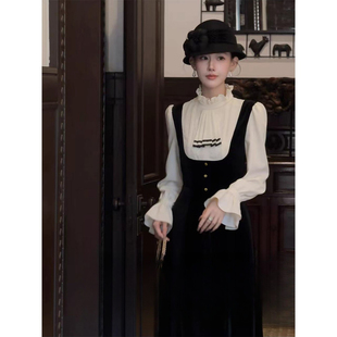 收腰假两件连衣裙长款 2026春季 复古浪漫丝绒长袖 女法式 D3711 新款