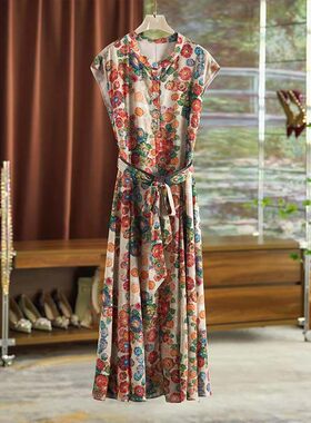 2026夏季新款气质复古长裙短袖收腰绑带印花开叉大摆连衣裙D1050