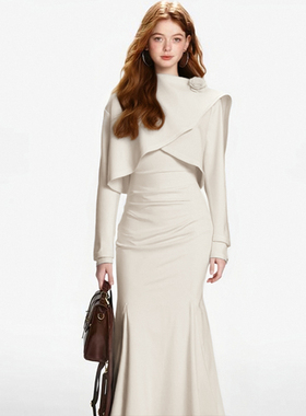 2026春季新款女法式千金风套装不规则披肩+长款连衣裙两件套D4141