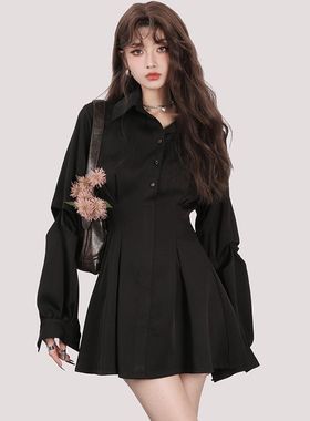 法式长袖黑色收腰显瘦设计感气质连衣裙春季衬衫裙女装裙子D0243