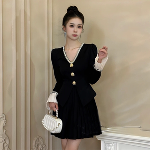 有里布2025春秋女法式 千金风收腰显瘦名媛气质假两件连衣裙D0311