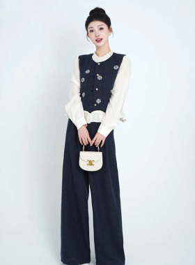 2026春季新款老钱风藏青色百搭出游小香风裤子套装三件套TX0144