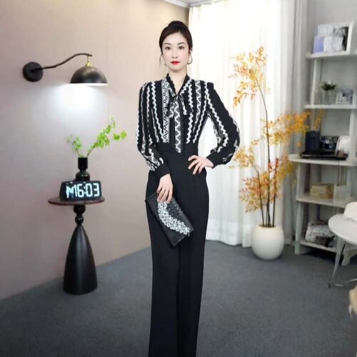 2026春季新款女条纹花纹时尚气质连体衣显瘦高腰长袖连体裤D5307