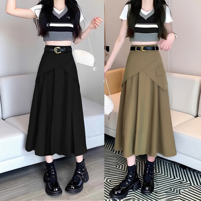 送腰带不规则时尚百搭高腰裙子法式长裙遮胯显瘦A字半身裙D1845A