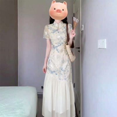 有里布2026夏季新款女新中式国风拼接旗袍连衣裙收腰长裙子D6308