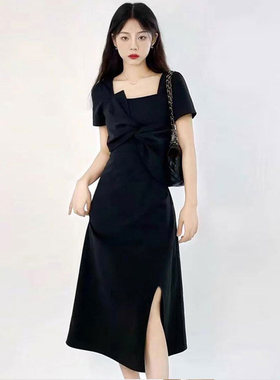 胖mm夏季蝴蝶结别致开叉长裙设计感收腰修身显瘦方领连衣裙子1080