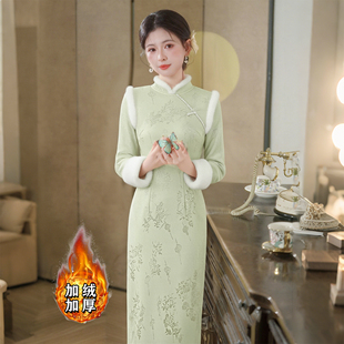 国风清冷绿色俏皮旗袍连衣裙D4361 女新中式 加绒加厚2026春季 新款