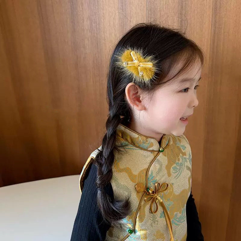 卷糖果儿童发夹水貂毛发夹甜美丝绒蝴蝶结爱心钻毛绒发夹新年头饰