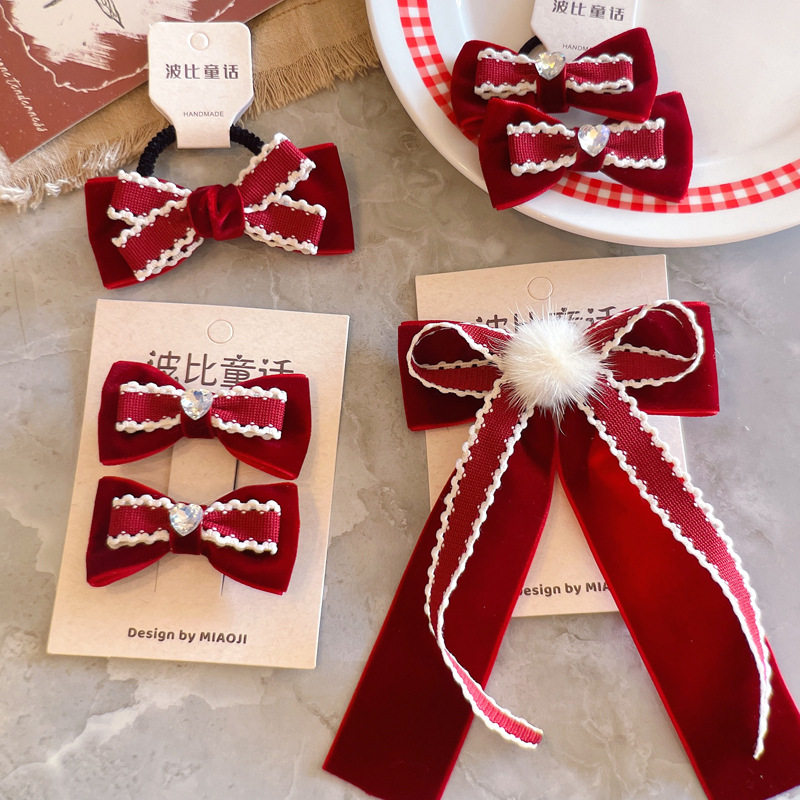 卷糖果儿童发饰淑女风红色蝴蝶结发夹女童酒红条纹水貂毛新年发夹