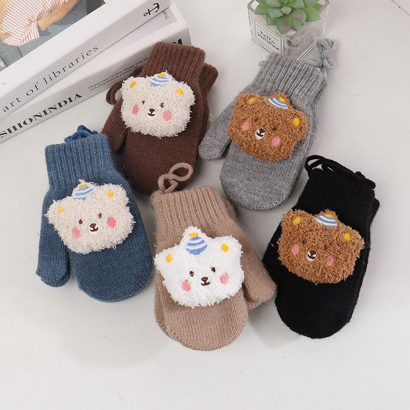 儿童秋冬毛线手套可爱毛绒小熊男女孩子薄款保暖包指挂脖针织手套
