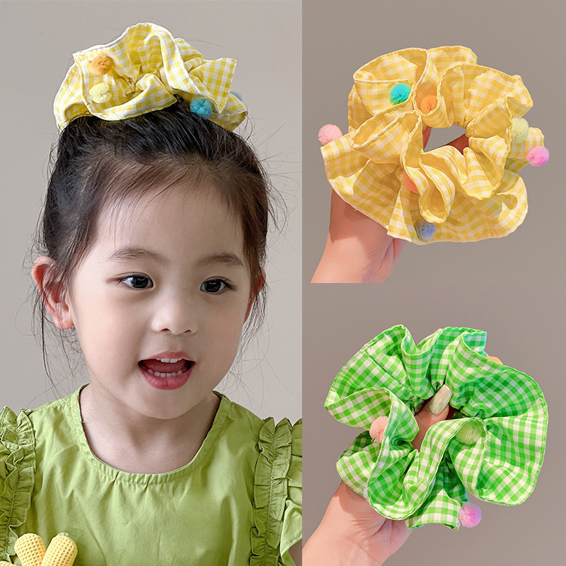 卷糖果儿童发圈格子褶皱彩色球球大肠圈女童清新头饰公主超仙发饰