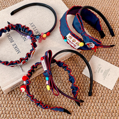 卷糖果儿童发箍蓝红牛仔褶皱发箍