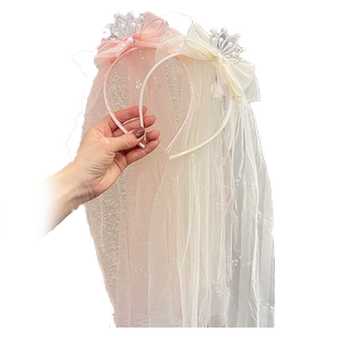 小公主头纱女童皇冠粉色披肩网纱发箍头饰超仙女孩蝴蝶结甜美发饰