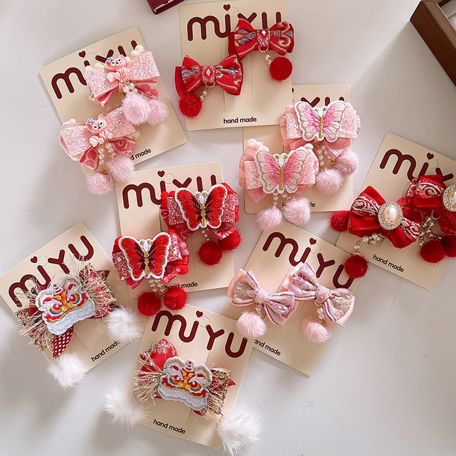 卷糖果儿童发夹甜美刺绣蝴蝶结发夹女童珍珠毛球流苏新年节日发饰