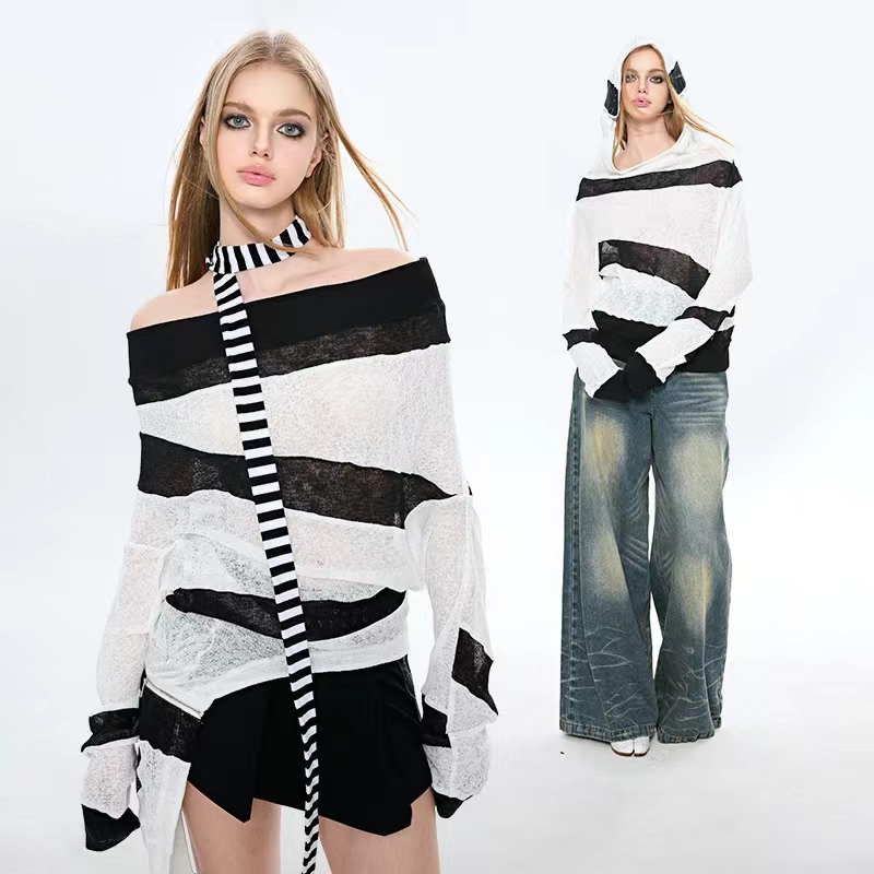 DIET GRRRL2024SS原创设计宽松上衣两穿黑白条纹上衣针织罩衫防晒
