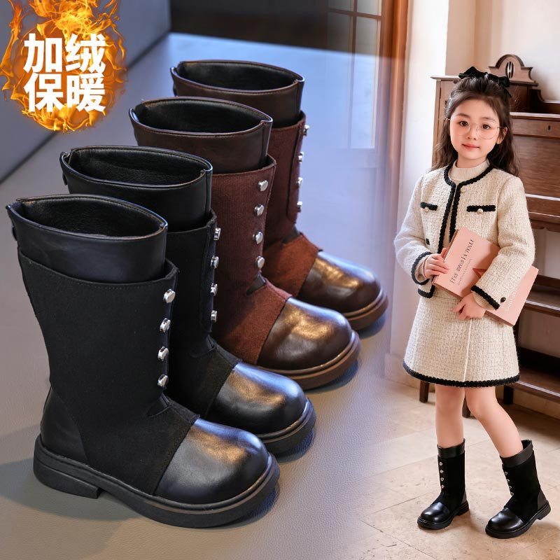 女童长桶靴2026冬季新款中大童英伦风复古马丁靴儿童时尚百搭皮靴