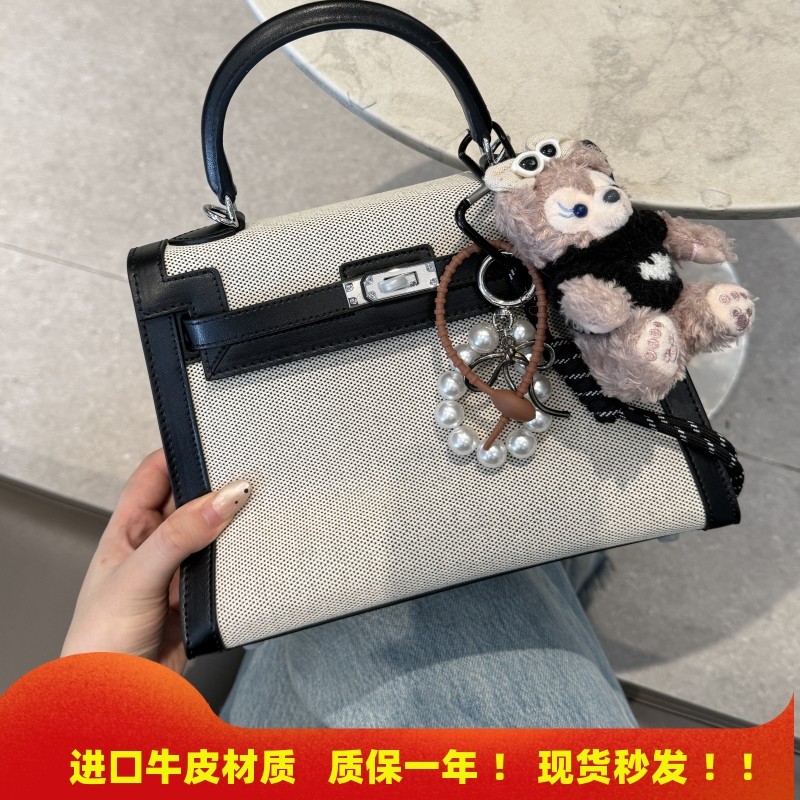 2025新款真皮拼色帆布凯莉包牛皮手提包女大容量托特包单肩斜挎包
