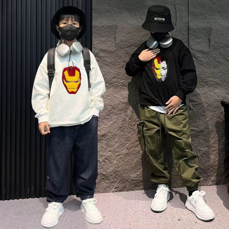 2024春秋新款钢铁侠双色亮片韩版男童套头蜘蛛侠卫衣圆领上衣卡通