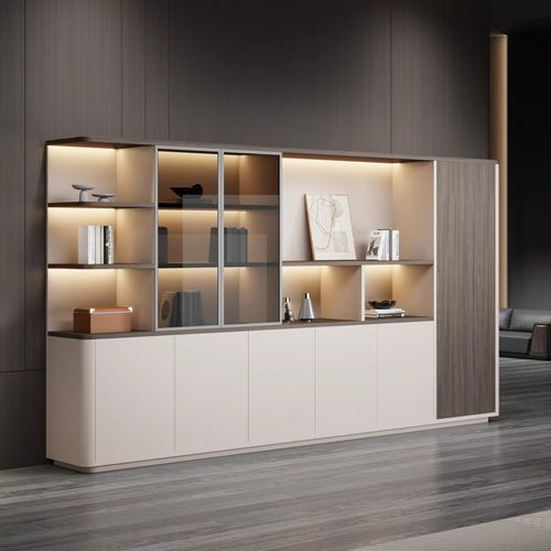 书柜办公室靠墙木质文件柜玻璃门装饰柜高级感背景柜可定制落地柜