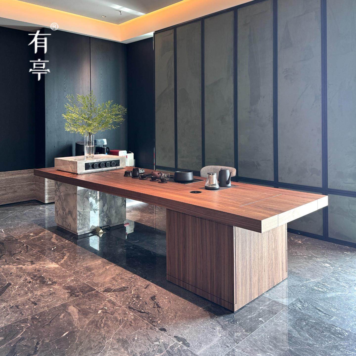 有亭新中式岩板茶桌北美黑胡桃木实木茶桌办公室轻奢茶桌泡茶台