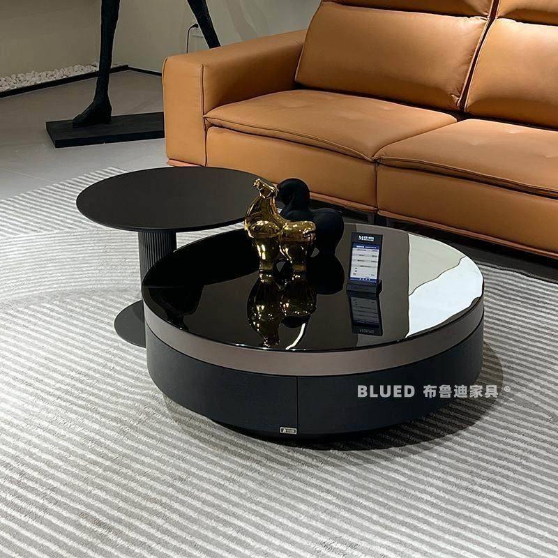 黑色茶几圆形钢化玻璃客厅现代简约意式轻奢极简大小圆组合茶几