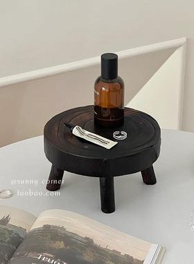 复古木质圆形高脚托盘摆件香水香薰桌面整理置物架首饰展示收纳盘