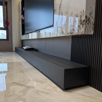 意式极简纯黑轻奢感岩板电视柜客厅地台落地柜储物一体隐藏插座
