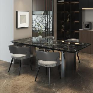 轻奢小户型意式 极简纯黑色大理石长方形餐桌椅组合家用现代饭桌子