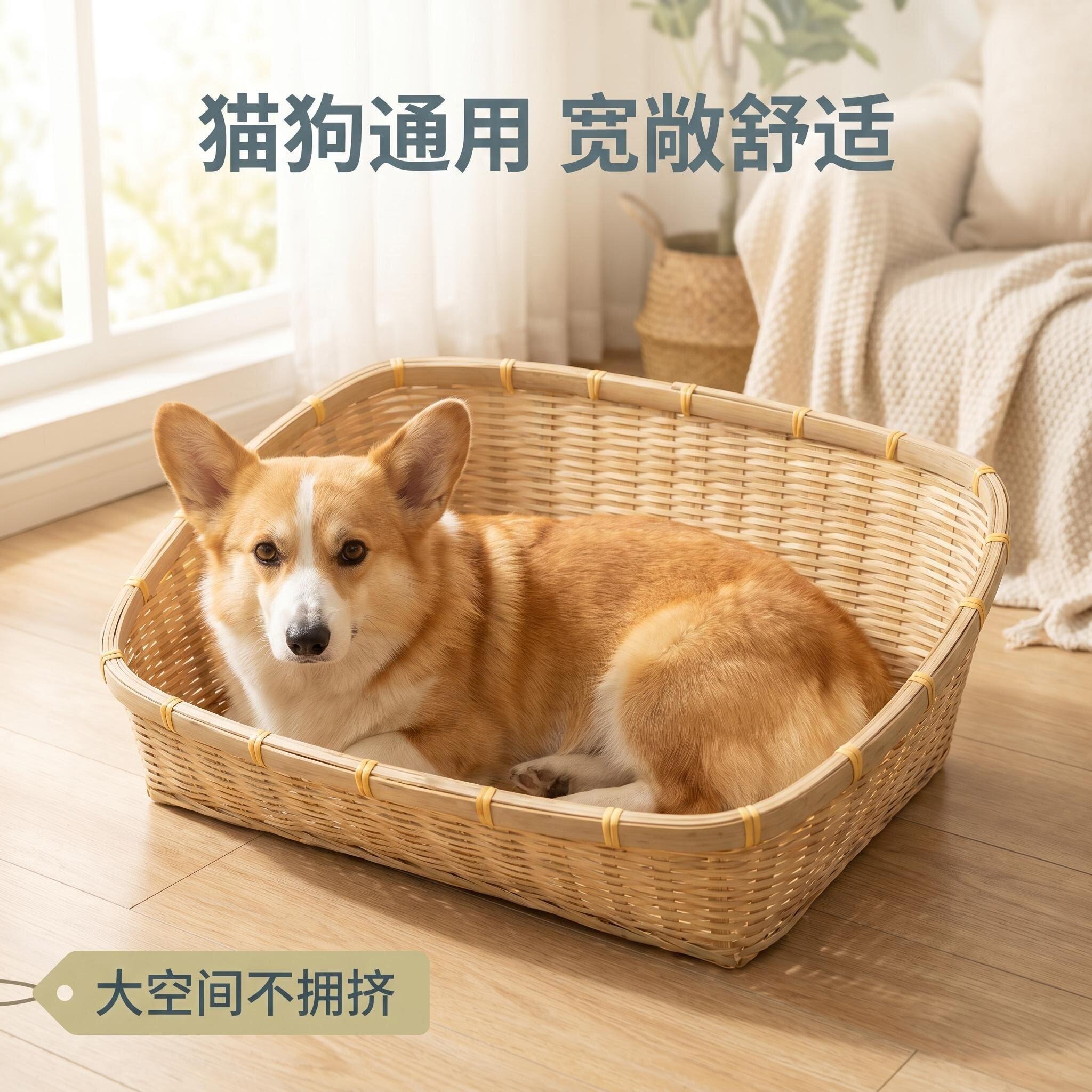 竹编宠物窝猫狗窝夏季取凉 编织收纳竹篮置物多层展示货架整理筐