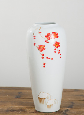 陶瓷花瓶景德镇手绘红梅花写景乡情三件套家居客厅装饰品干花摆件