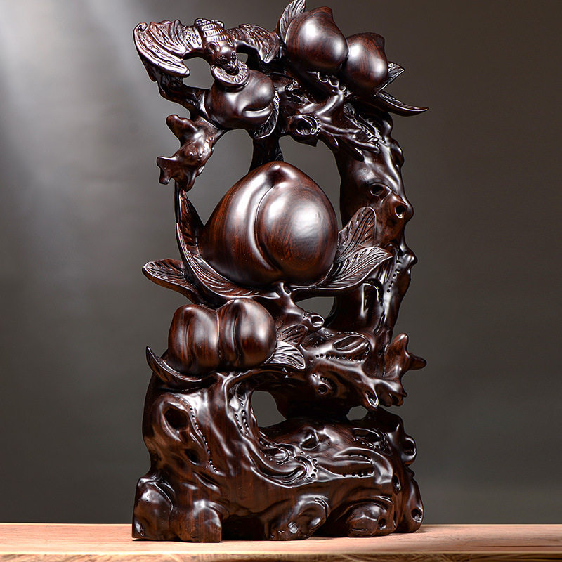黑檀木雕寿桃摆件实木福寿双全家居客厅饰品祝寿红木蝙蝠工艺礼品