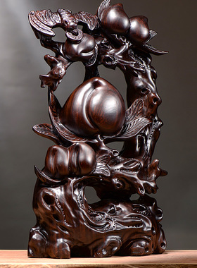 黑檀木雕寿桃摆件实木福寿双全家居客厅饰品祝寿红木蝙蝠工艺礼品