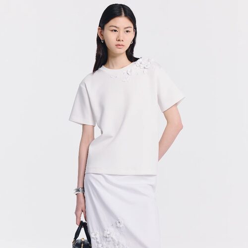 手工立体花朵装饰圆领短袖T恤女