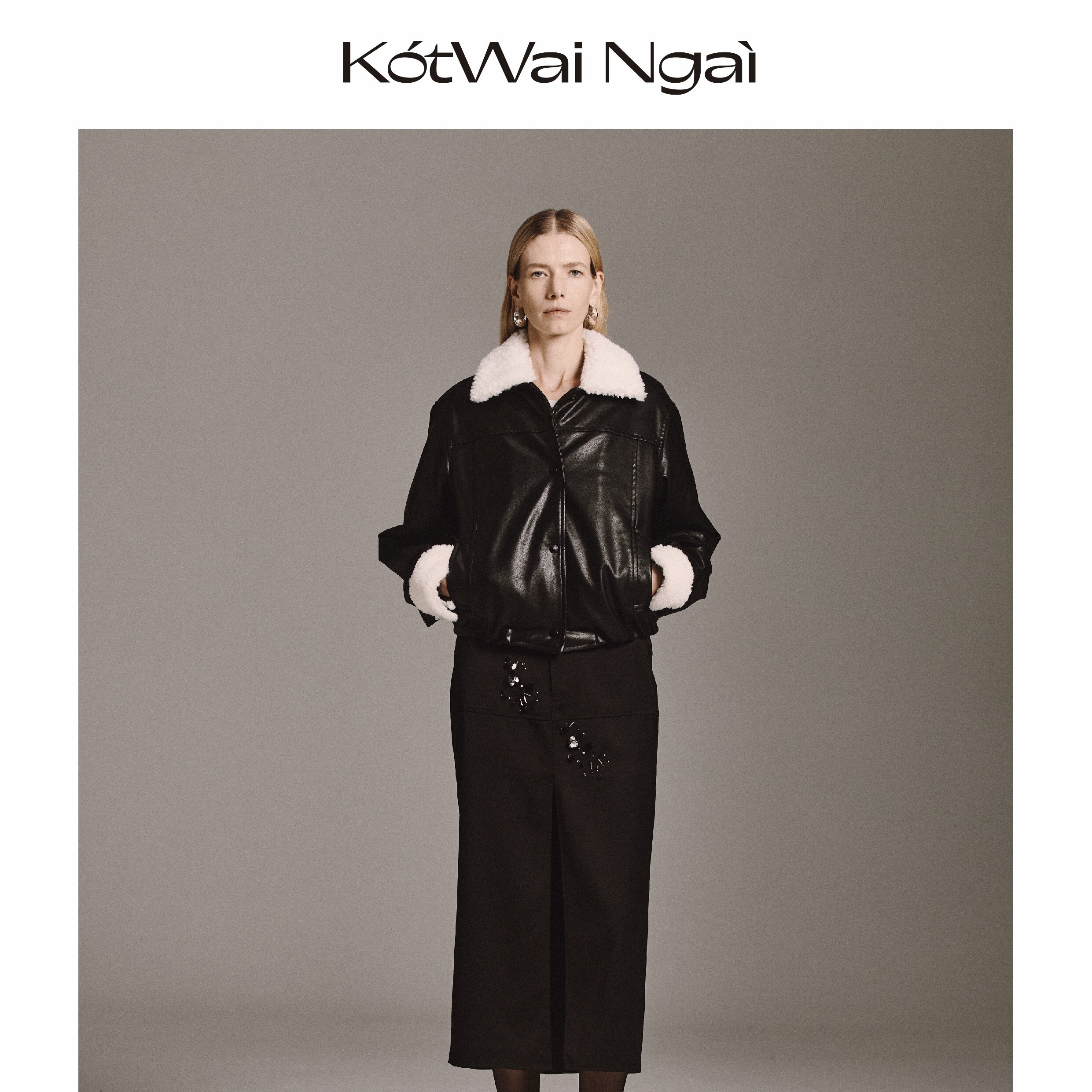 KotWai Ngai 25FW秋冬系列白色羊毛翻毛领拼接皮革夹克外套上衣