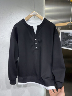 2025春季 假两件卫衣男亨利领假两件设计感宽松简约T恤上衣 新款